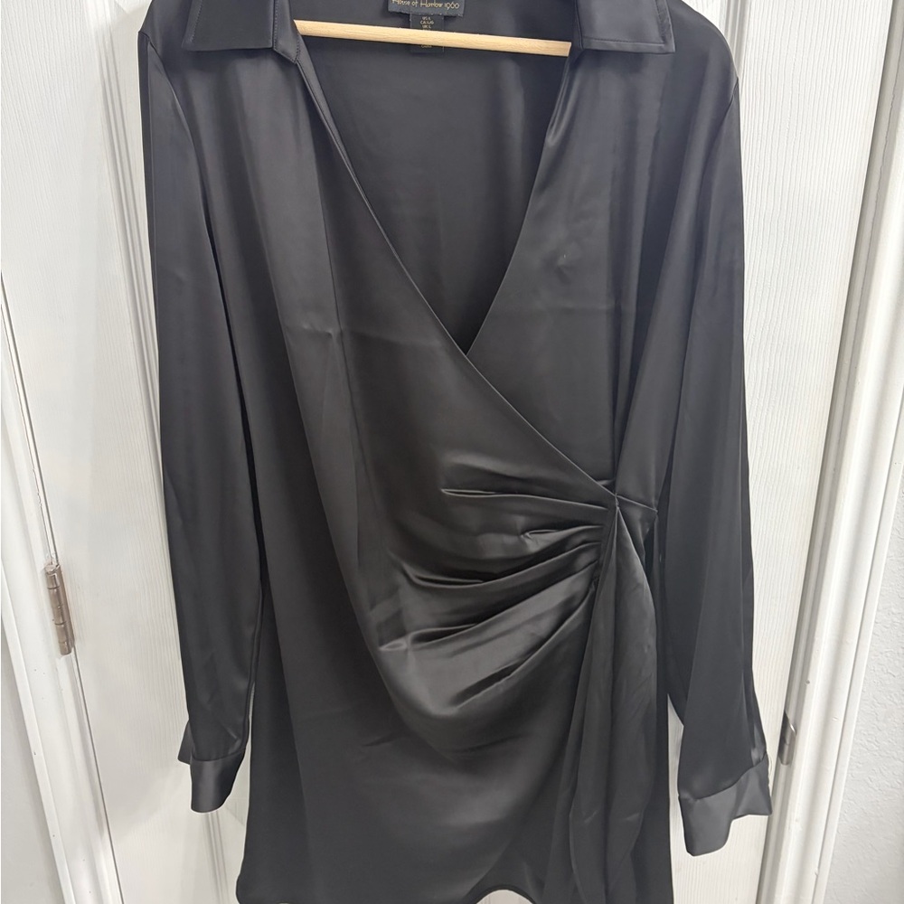 House of Harlow 1960 Black Satin Wrap-Style Mini Dress